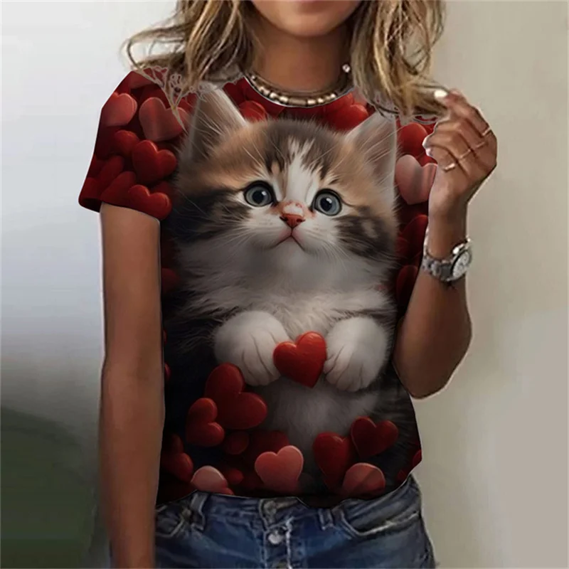 Fashion Street Cat - تي شيرت نسائي مطبوع عليه شكل