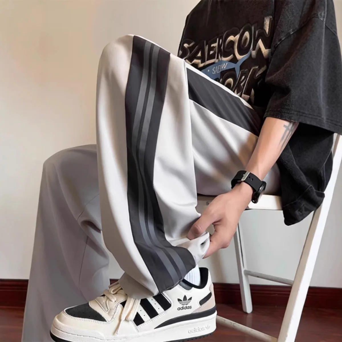 Street Fashion Couple - بنطلون كاجوال رجالي واسع الساق مستقيم