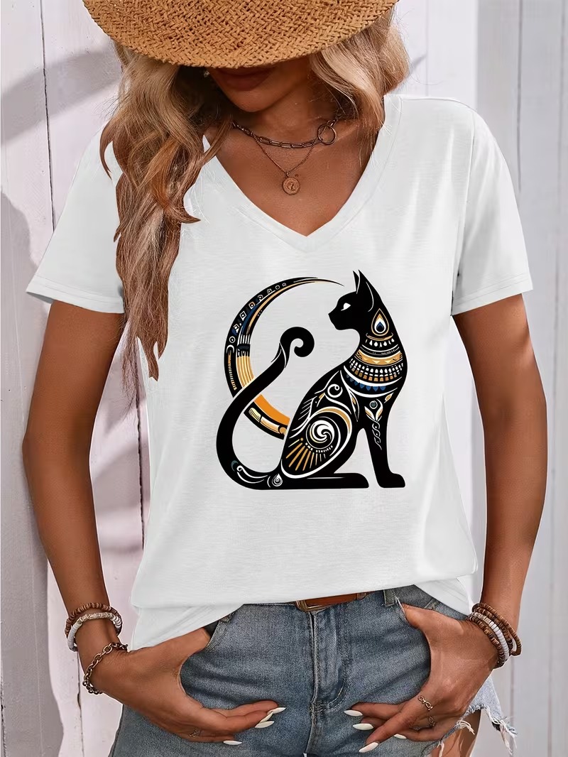 تي شيرت نسائي جديد للصيف بطباع - مراجعة Fashion Street Cat وسعره
